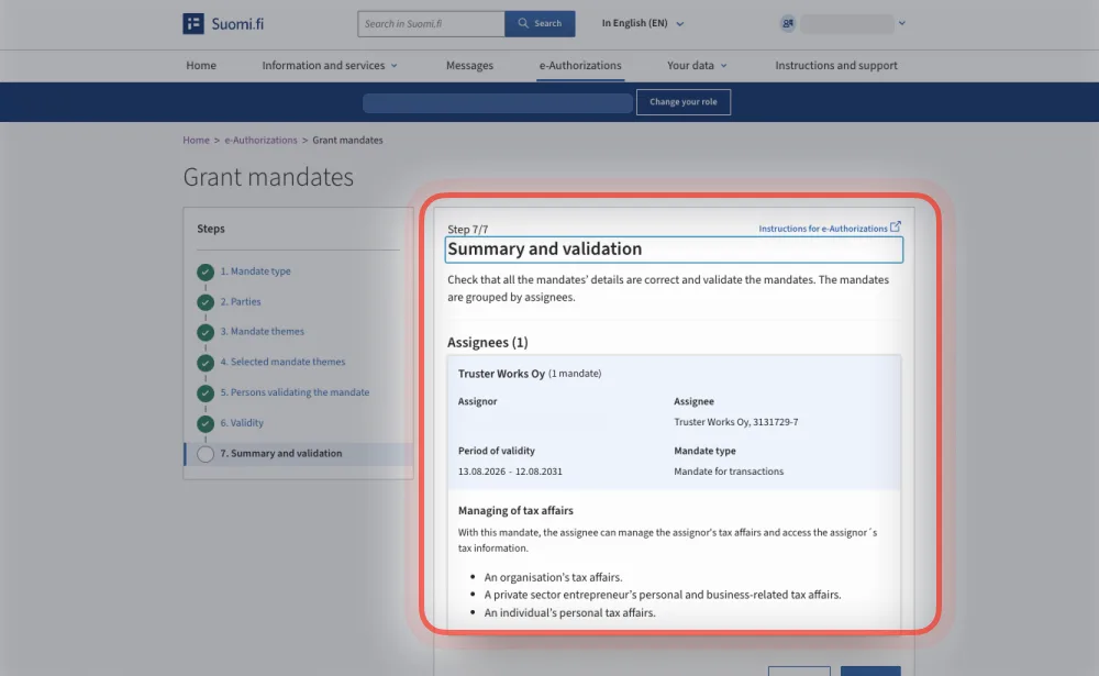 Suomi.fi: Summary and validation step with the mandate details