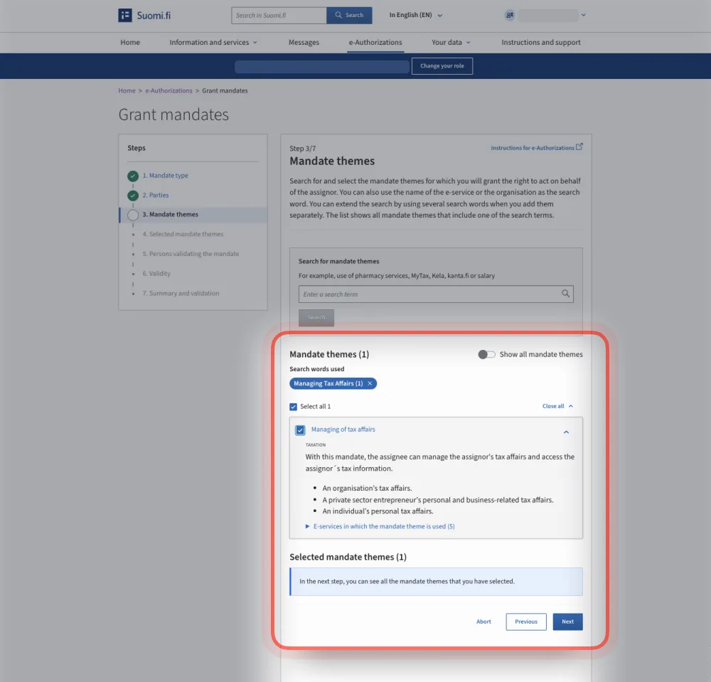 Suomi.fi: search results with Managing of tax affairs selected