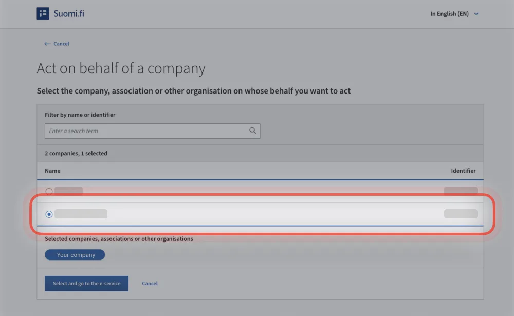 Suomi.fi: Act on behalf of a company view where the company is selected from the list