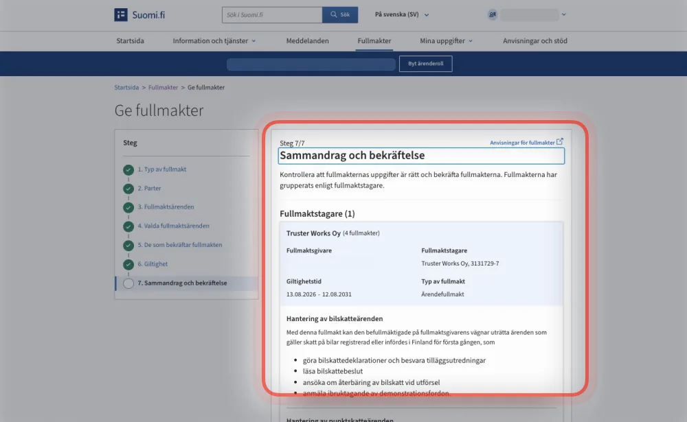 Suomi.fi: Sammandrag och bekräftelse -steget med fullmaktens uppgifter