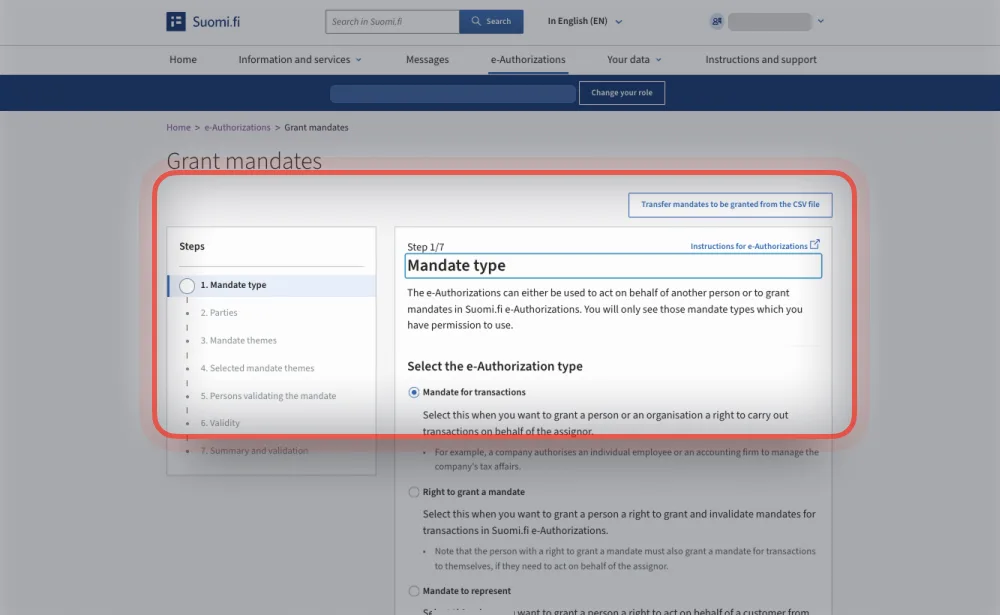 Suomi.fi: Mandate type step with Mandate for transactions selected