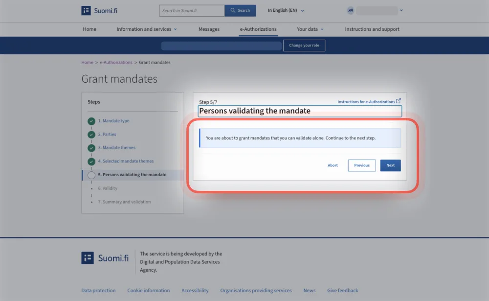 Suomi.fi: Persons validating the mandate step with the notice that you can validate the mandate alone