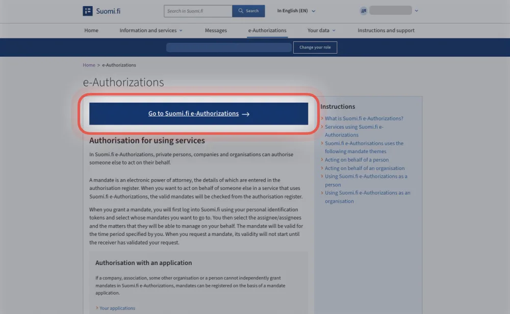 Suomi.fi: e-Authorizations page with the Go to Suomi.fi e-Authorizations button highlighted