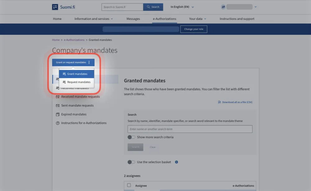 Suomi.fi: Grant or request mandates menu with Grant mandates selected