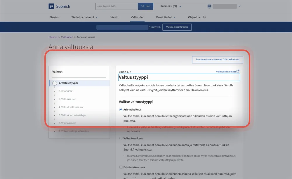 Suomi.fi: Valtuustyyppi-vaihe, jossa valittuna Asiointivaltuus