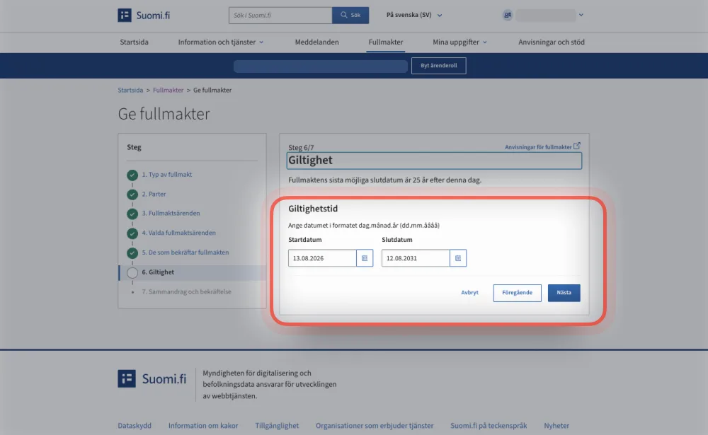 Suomi.fi: Giltighet-steget, där start- och slutdatum anges