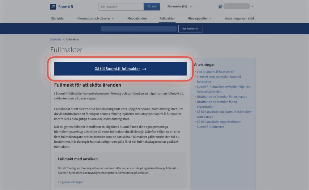 Suomi.fi: Fullmakter-sidan med knappen Gå till Suomi.fi-fullmakter markerad