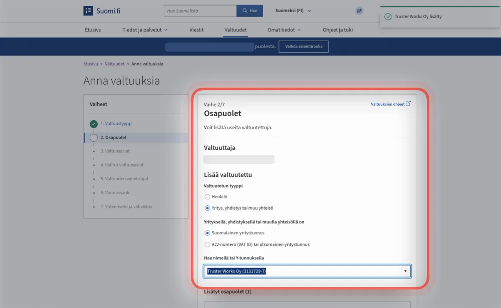 Suomi.fi: Osapuolet-vaihe, jossa valtuutetuksi haetaan Truster Works Oy (3131729-7)