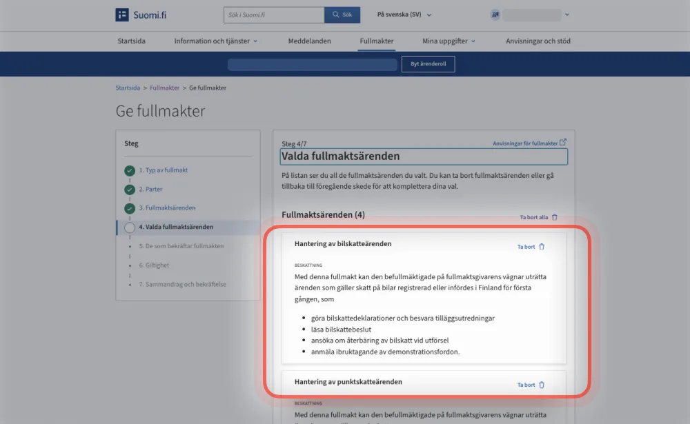 Suomi.fi: Valda fullmaktsärenden -steget