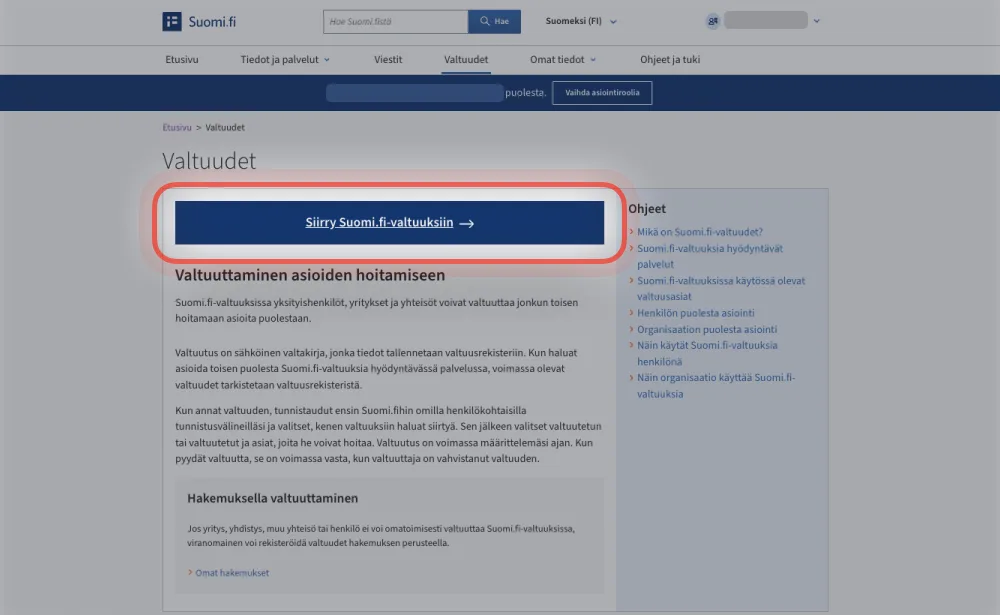 Suomi.fi: Valtuudet-sivu, jossa korostettuna painike Siirry Suomi.fi-valtuuksiin