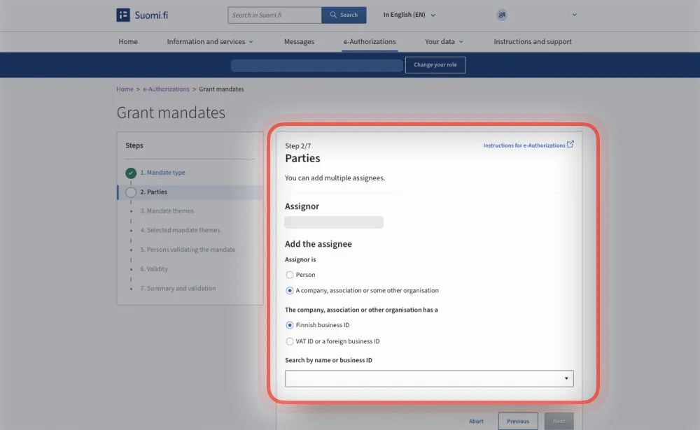 Suomi.fi: Parties step where the assignee type is selected