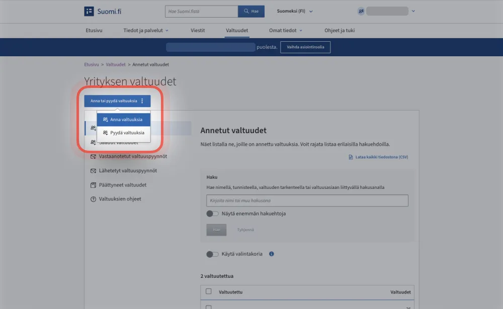 Suomi.fi: Anna tai pyydä valtuuksia -valikko, josta valitaan Anna valtuuksia