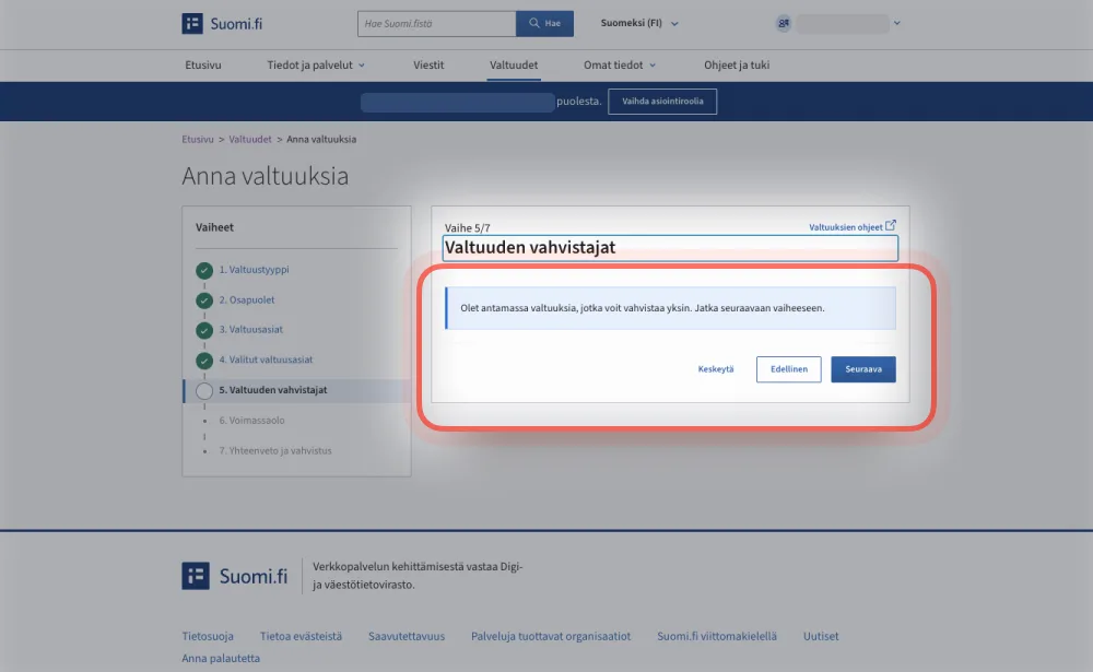 Suomi.fi: Valtuuden vahvistajat -vaihe ilmoituksella, että voit vahvistaa valtuuden yksin