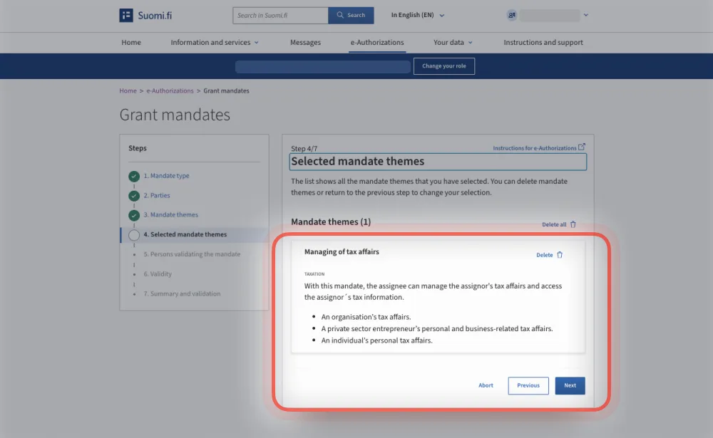 Suomi.fi: Selected mandate themes step