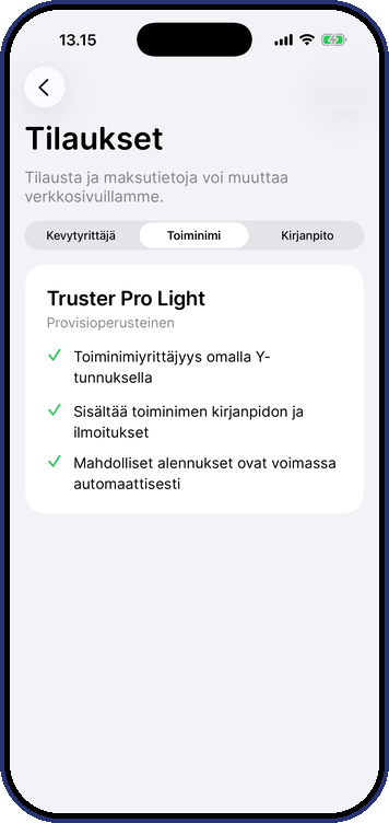 Vyn Prenumerationer med fliken för enskild firma i Truster-appen