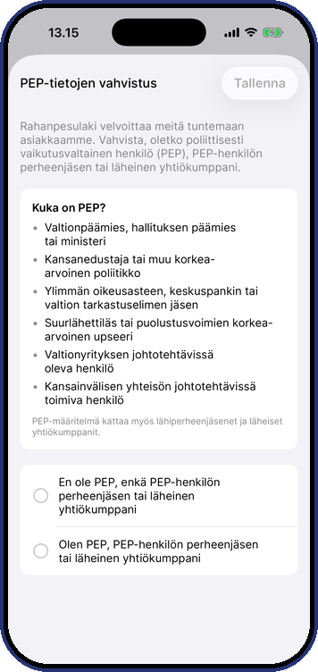 Bekräftelse av PEP-uppgifterna i Truster-appen