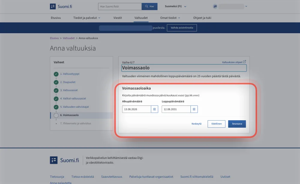 Suomi.fi: Voimassaolo-vaihe, jossa syötetään alku- ja loppupäivämäärä