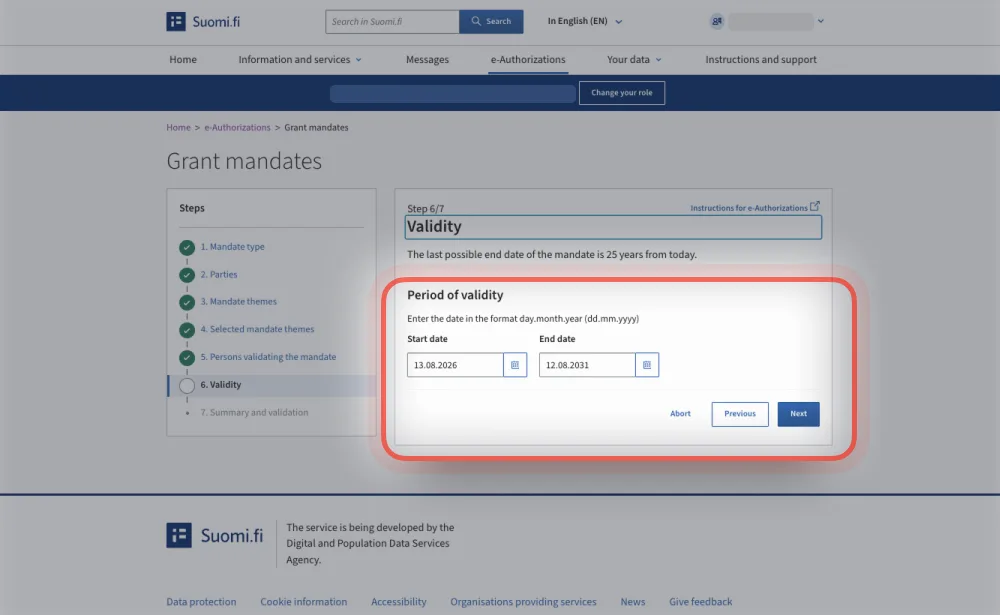 Suomi.fi: Validity step where the start and end dates are entered