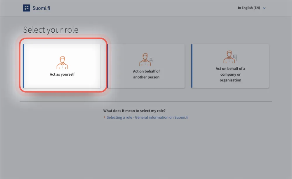Suomi.fi: Select your role view with Act as yourself highlighted