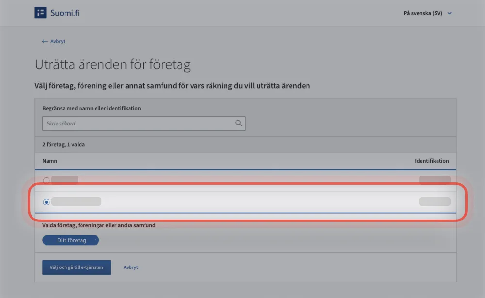 Suomi.fi: Uträtta ärenden för ett företag -vy, där företaget väljs i listan