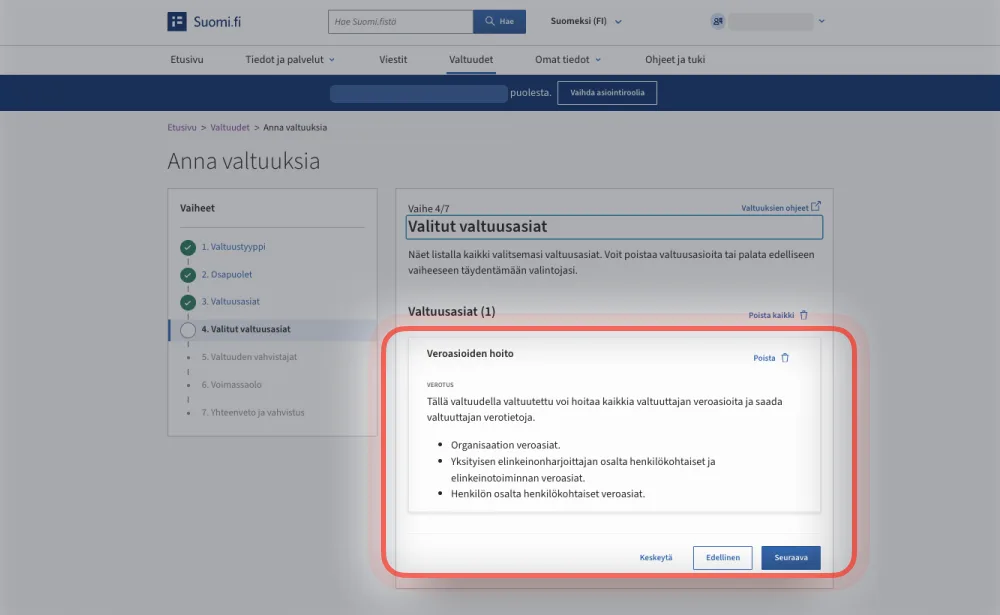 Suomi.fi: Valitut valtuusasiat -vaihe, jossa listalla on Veroasioiden hoito